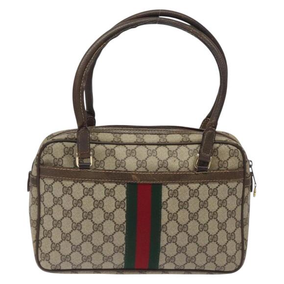 GUCCI GG Supreme Web Sherry Line Hand Bag Pvc Beige Gold Red - Picture 3 of 16